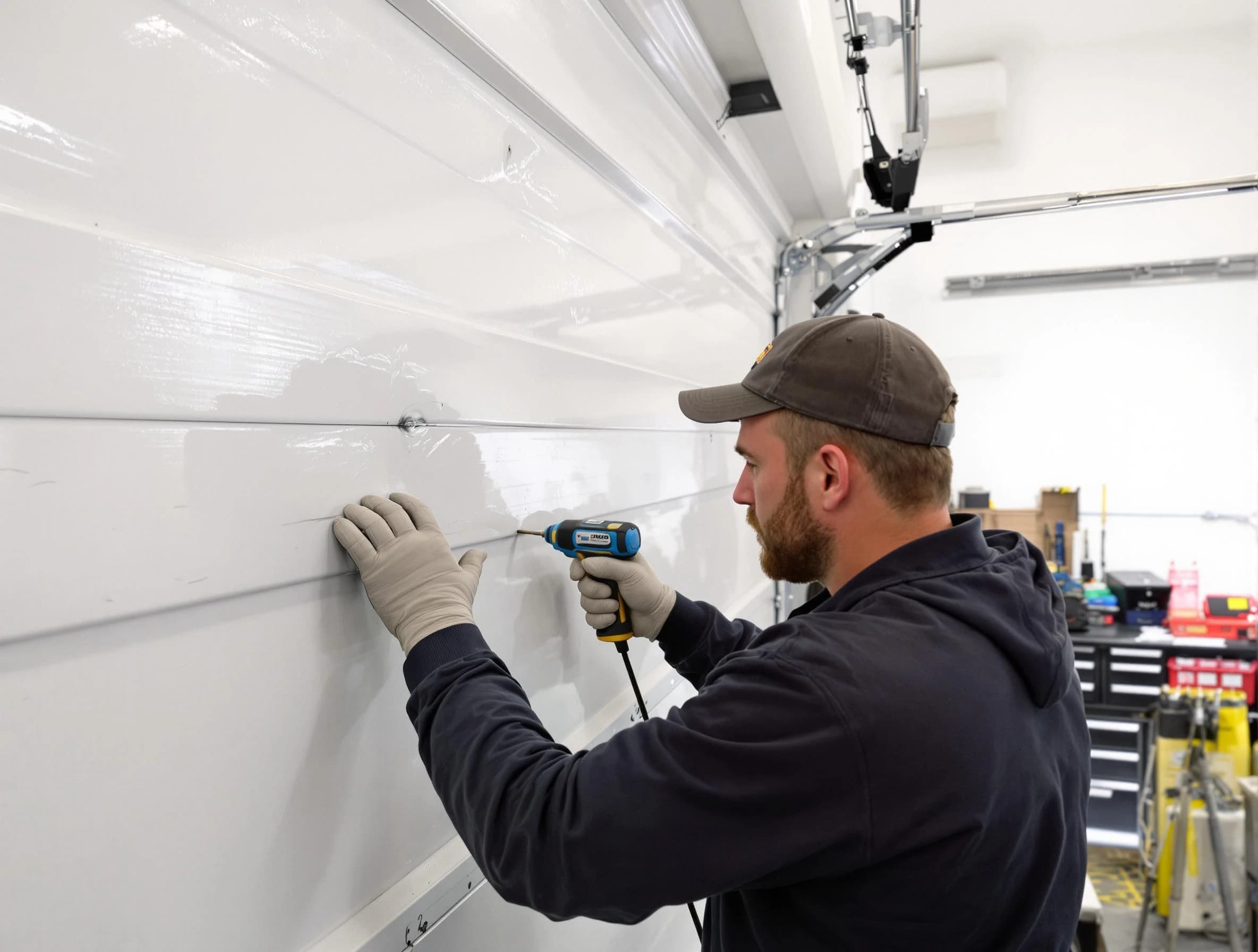 Lake Wilderness Garage Door Repair technician demonstrating precision dent removal techniques on a Lake Wilderness garage door